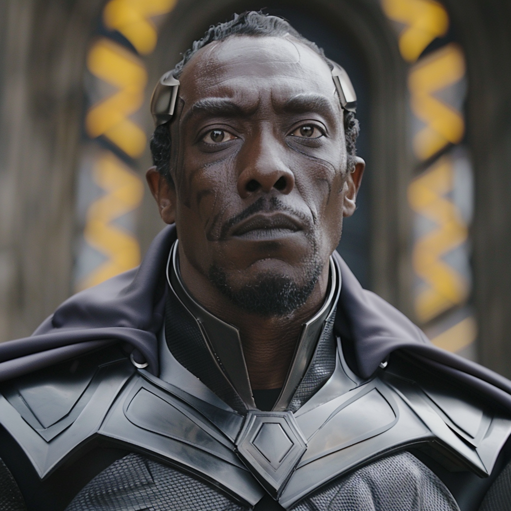 Close-up of Black Magneto wearing futuristic armor, with a focused expression