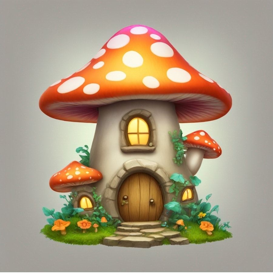Illustration of a whimsical mushroom house with smaller mushrooms and plants surrounding it
