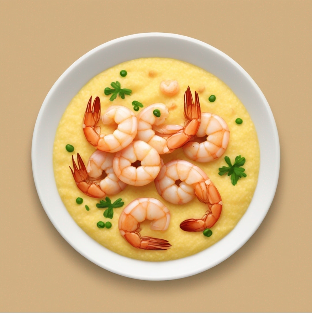 Plate with shrimp arranged in a circle on polenta, garnished with herbs