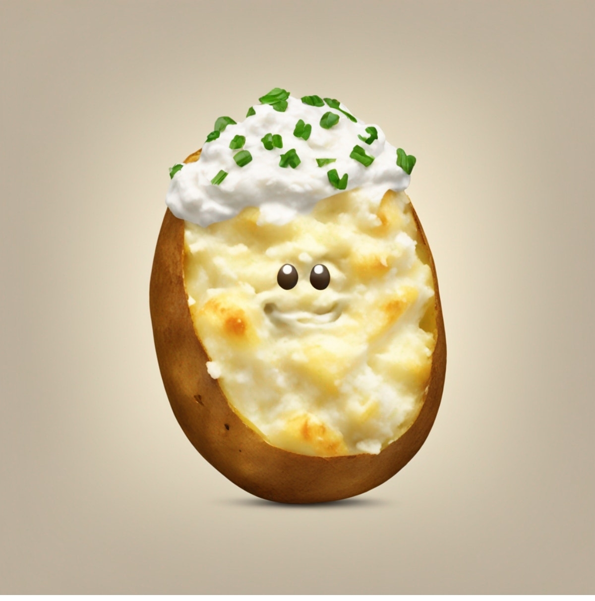 Illustration of a smiling cartoon potato with sour cream and chives on top