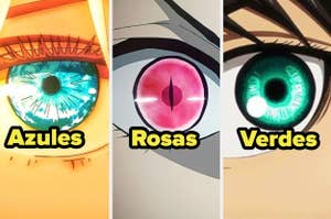 Ojos de personajes animados con etiquetas "Azules", "Rosas" y "Verdes"
