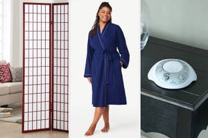 Woman in cozy dark blue bathrobe, ideal for home lounging, featured with room divider and white noise machine