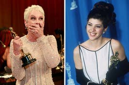 Jamie Lee Curtis and Marisa Tomei holding their Oscars