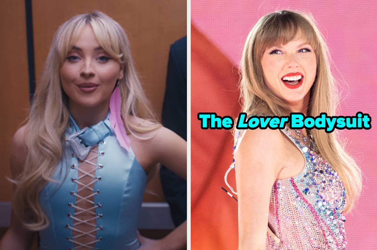 On the left, Sabrina Carpenter in the Feather music video, and on the right, Taylor Swift on stage at the Eras Tour labeled the Lover bodysuit