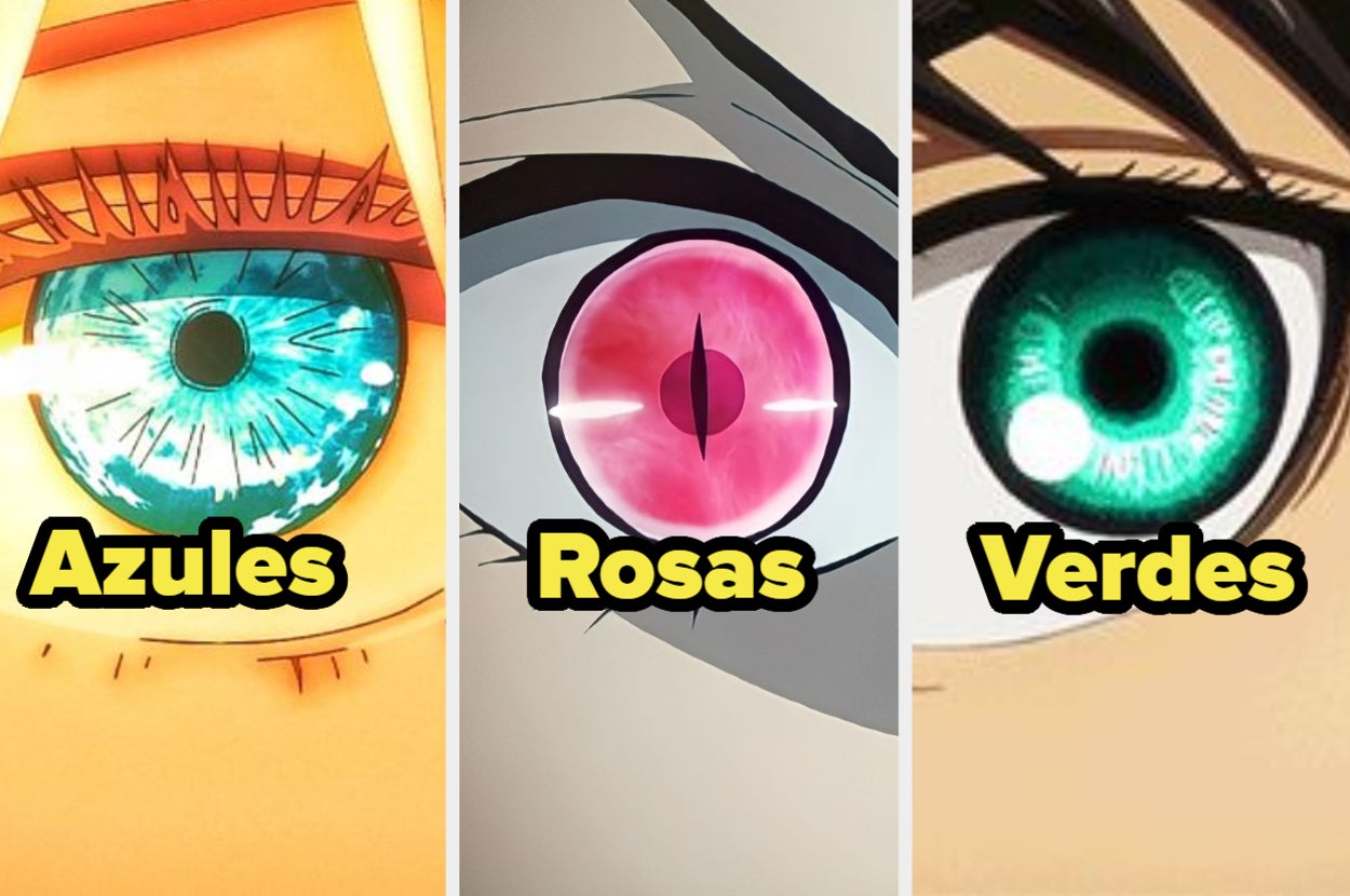 Ojos de personajes animados con etiquetas "Azules", "Rosas" y "Verdes"