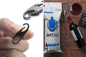 Hand holding a small, portable bottle opener next to a product called JetBag, designed to protect and absorb spills from wine bottles during travel