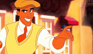 Personaje animado Príncipe Naveen de "La Princesa y el Sapo" sonriendo y señalando hacia adelante