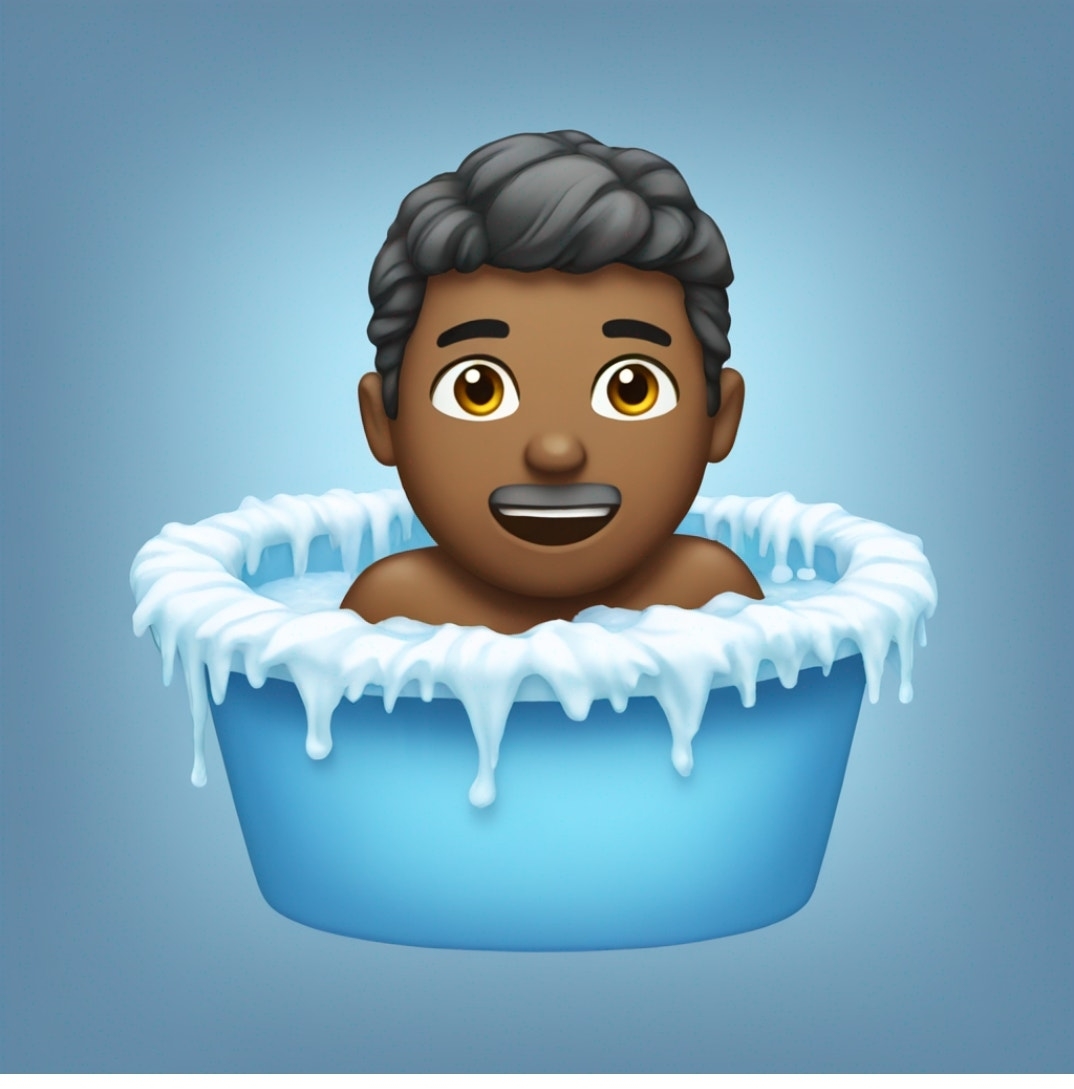 Emoji of a person with gray hair in a blue tub with overflowing icicle suds