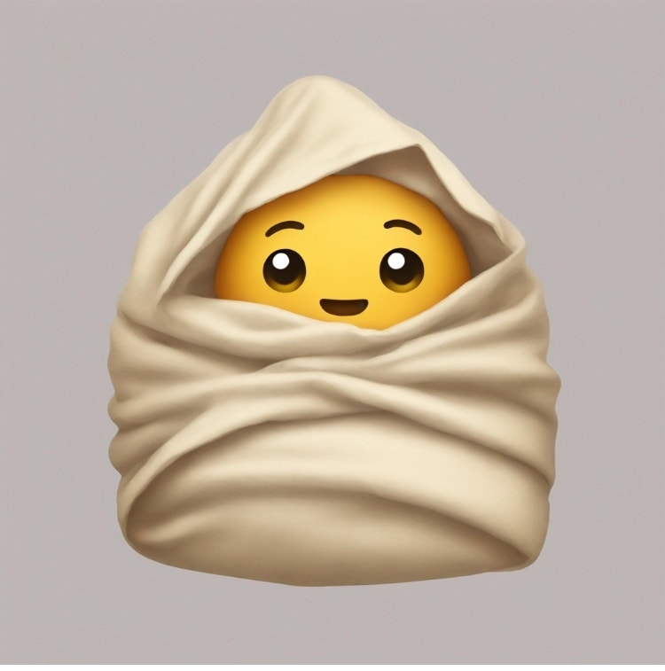 A smiling emoji wrapped in a blanket, looking like a cozy internet meme or digital sticker
