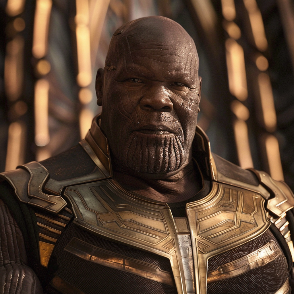 Thanos, a fictional character from Marvel, is shown with a detailed armored suit