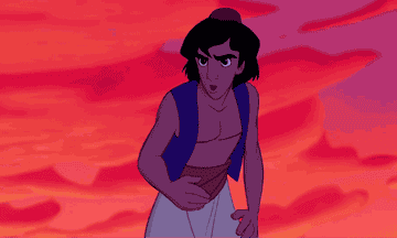 Personaje de animación Aladdin mirando sorprendido, con fondo abstracto