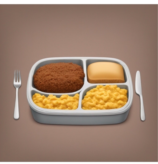 A stylized graphic of a meal tray with four compartments, containing a breaded cutlet, bun, scrambled eggs, and utensils