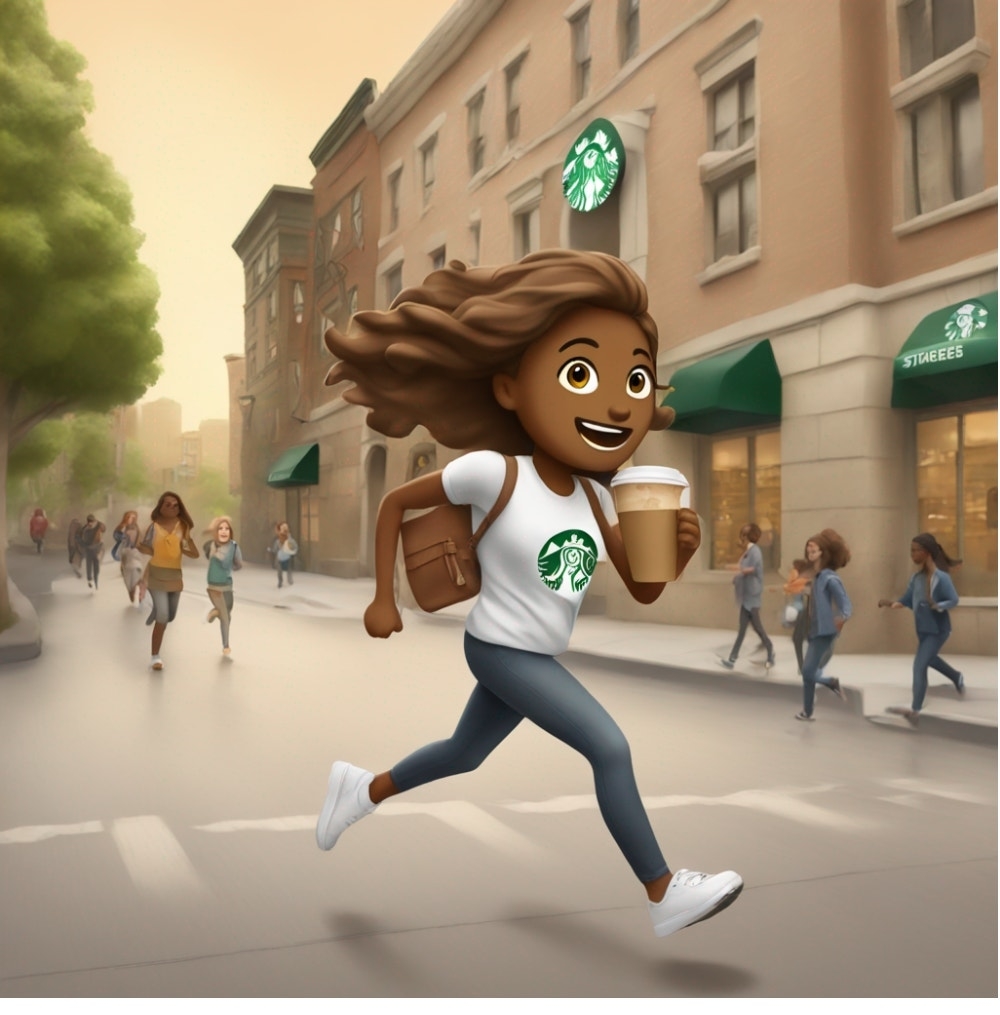 Illustration of an a woman in leggings and a Starbucks T-shirt holding a Starbucks cup and running joyfully down a city street