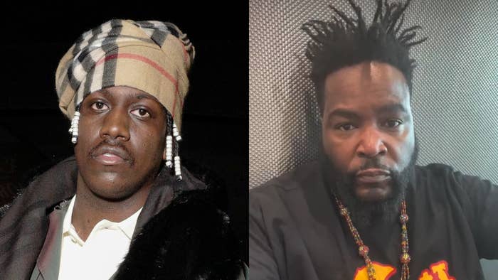 Side-by-side portraits of two male hip-hop artists wearing distinctive headwear and casual attire