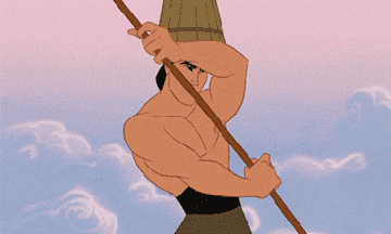 Personaje animado Shang sosteniendo dos columnas en sus hombros
