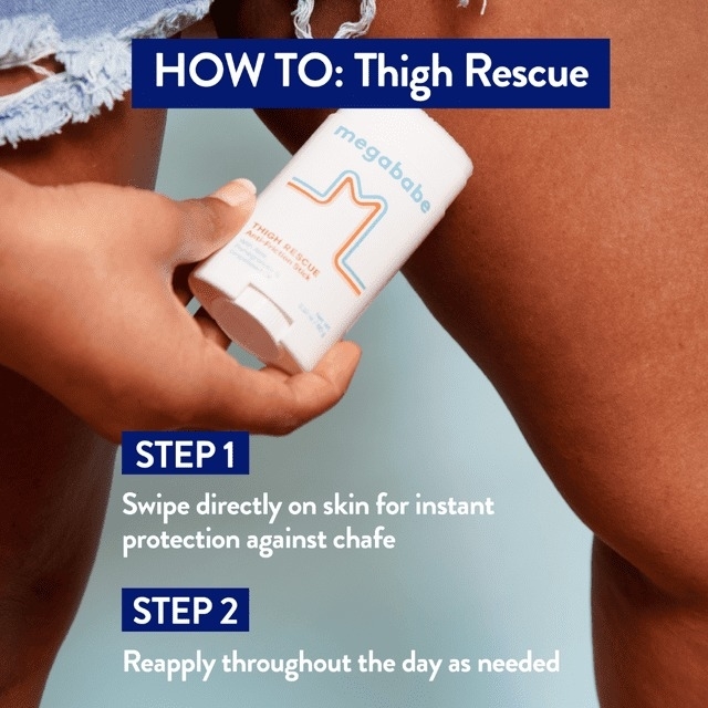 Person applying thigh rescue product from tube, with instructions for use displayed