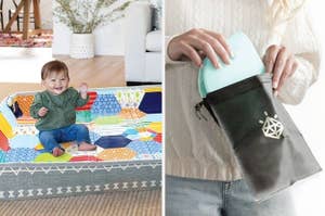 Two images side by side: Left - Baby smiling on a playmat. Right - Close-up of a hand inserting a wallet into a pouch