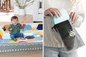 Two images side by side: Left - Baby smiling on a playmat. Right - Close-up of a hand inserting a wallet into a pouch