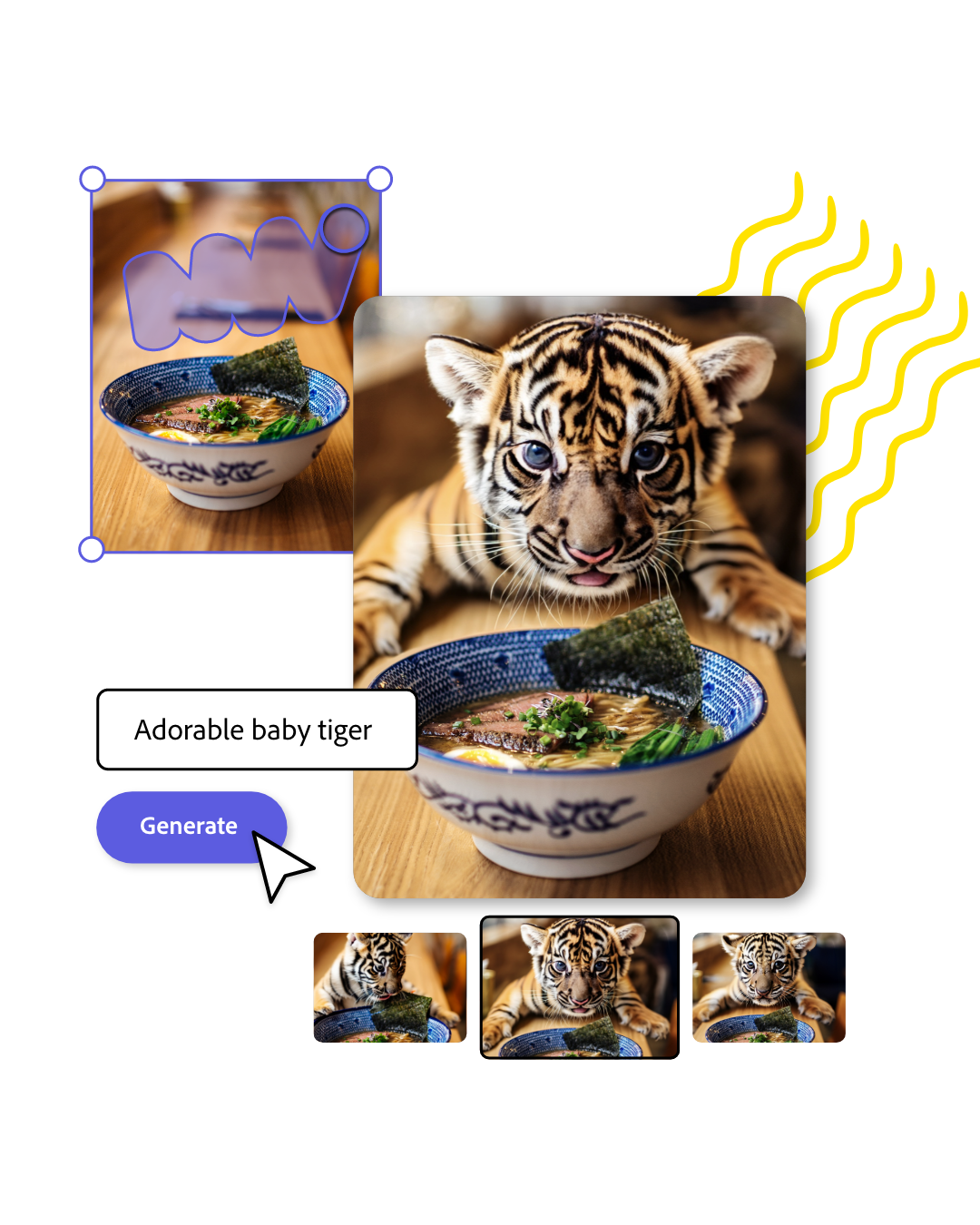 A collage of a baby tiger and a bowl of soup, with button and stylized elements indicating a digital creation process