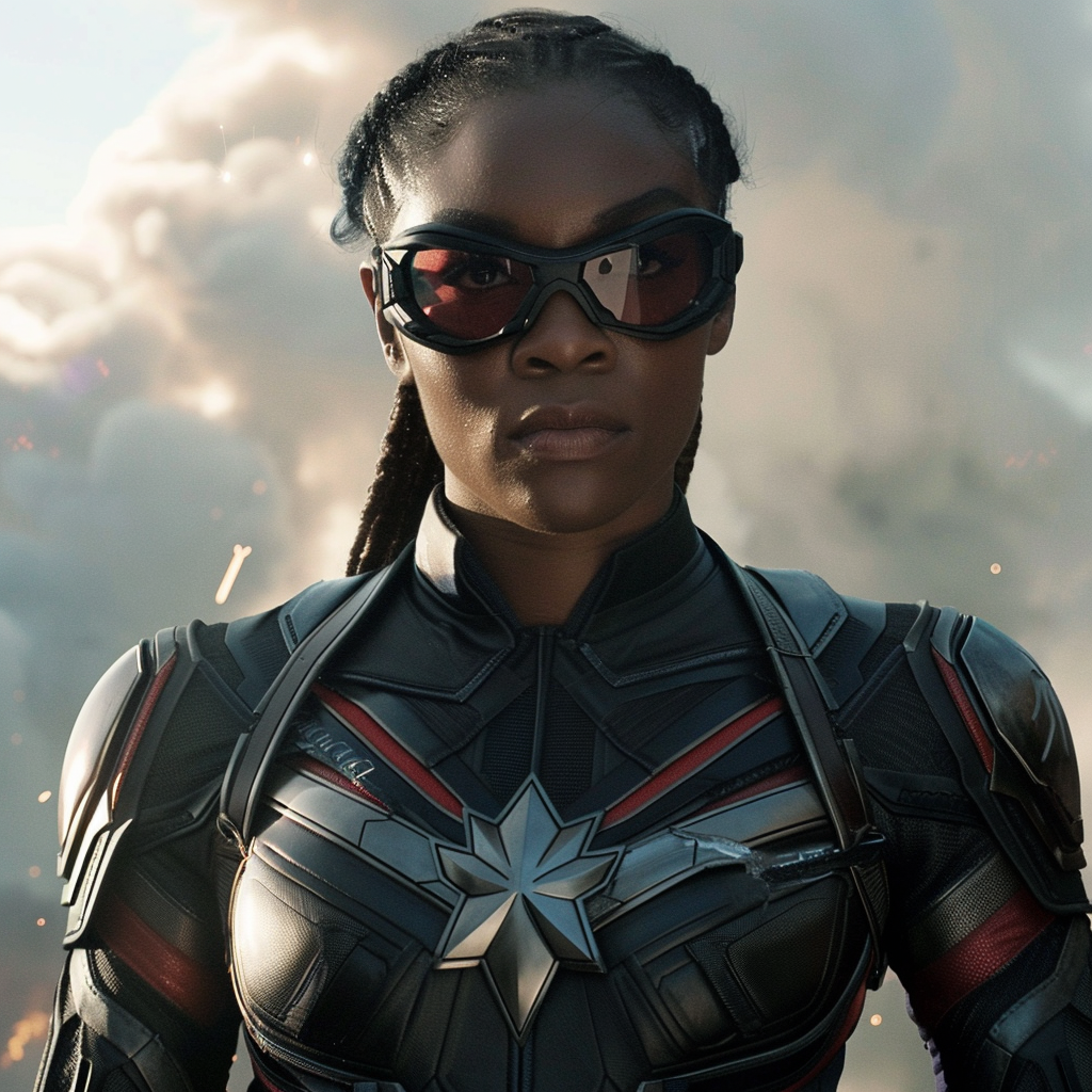 Black woman Falcon in a superhero suit with a star emblem, wearing futuristic sunglasses, with an intense expression
