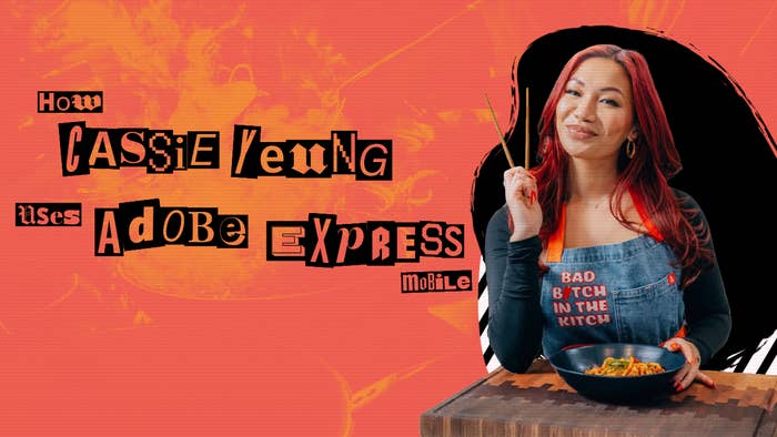 Cassie Yeung poses with a bowl, next to text about using Adobe Express Mobile