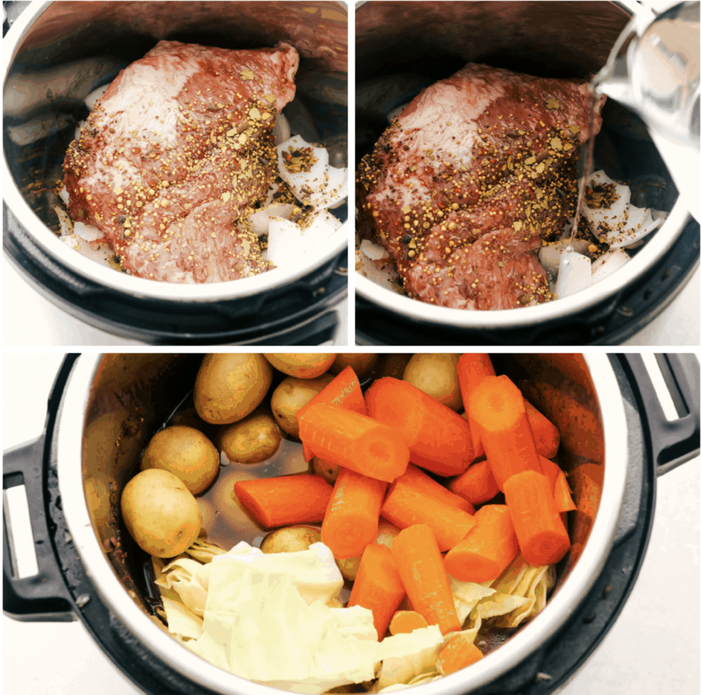 Roast beef with seasonings in a pot, water being poured in, followed by added vegetables for cooking