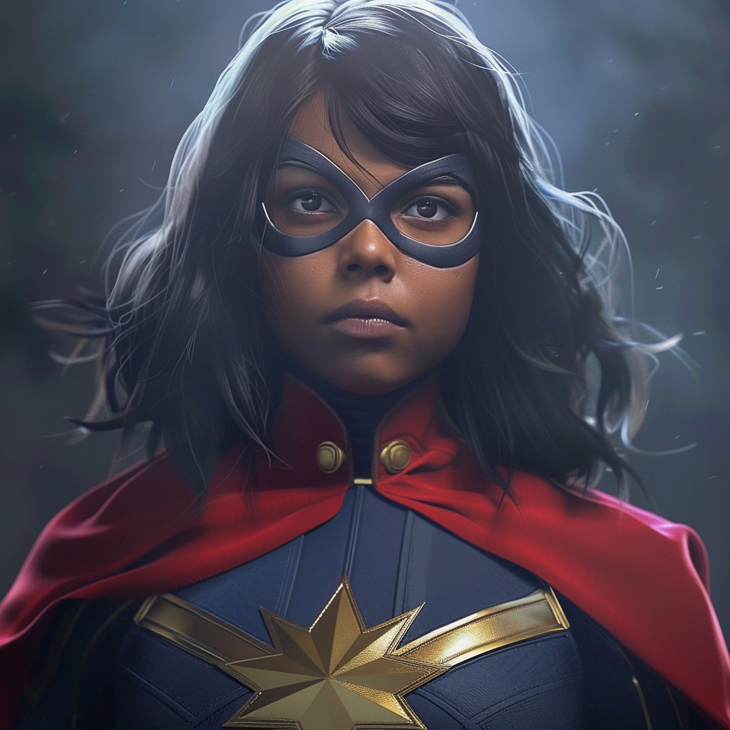 Black Ms. Marvel character in a superhero costume with a mask and emblem