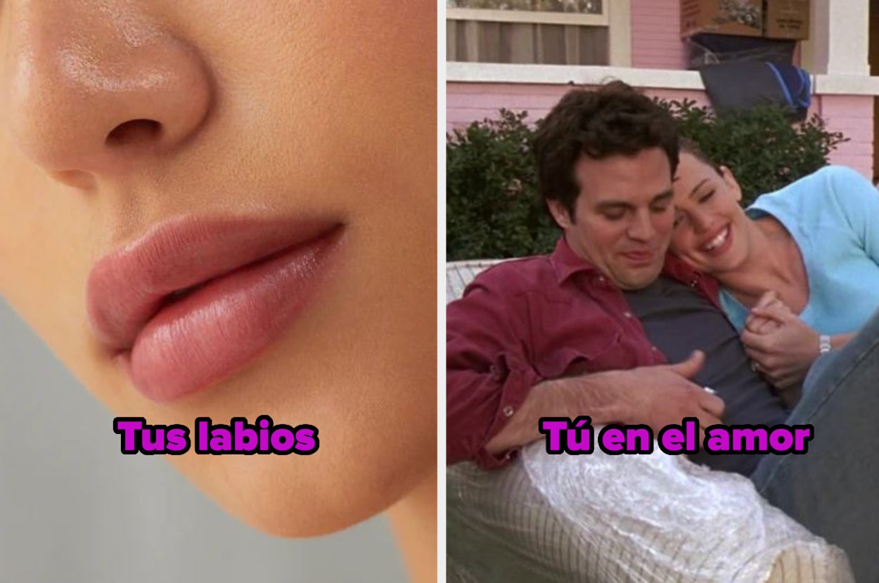 Primer plano de labios con maquillaje natural. Collage de dos actores en una escena romántica en un banco