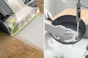 A split image showing a carpet cleaner in use on the left and a person washing a non-stick pan on the right, highlighting cleaning tools