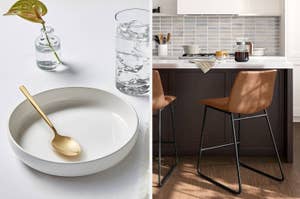 Minimalist dinnerware set on the left and a modern kitchen scene with bar stools on the right, showcasing contemporary home goods
