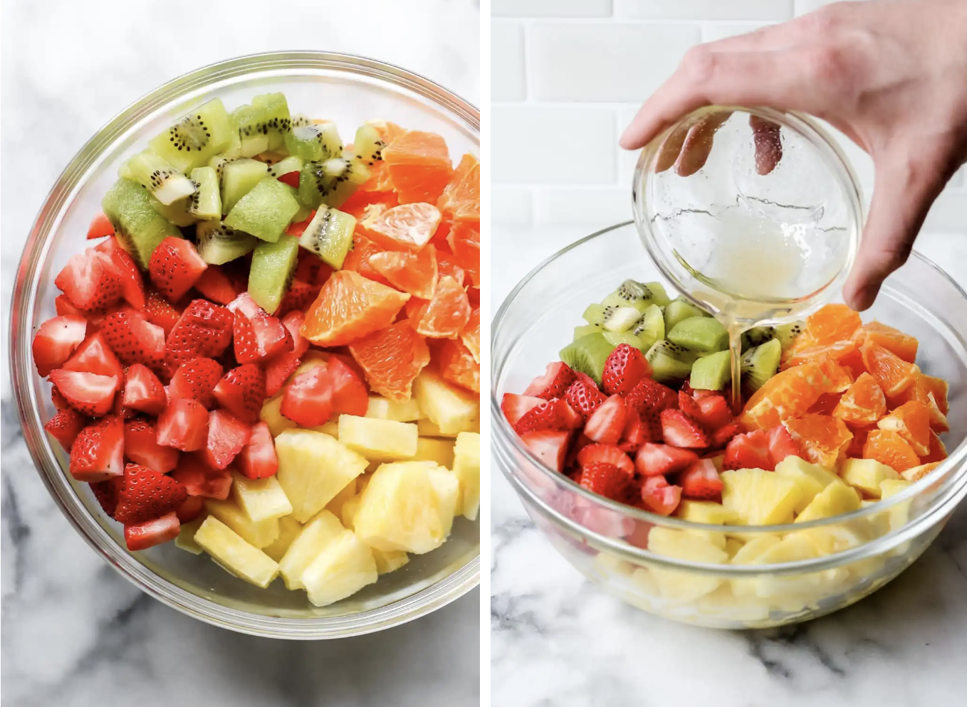 A fruit salad bowl with kiwi, orange, strawberries, and pineapple, and a hand pouring liquid from a small bowl into it