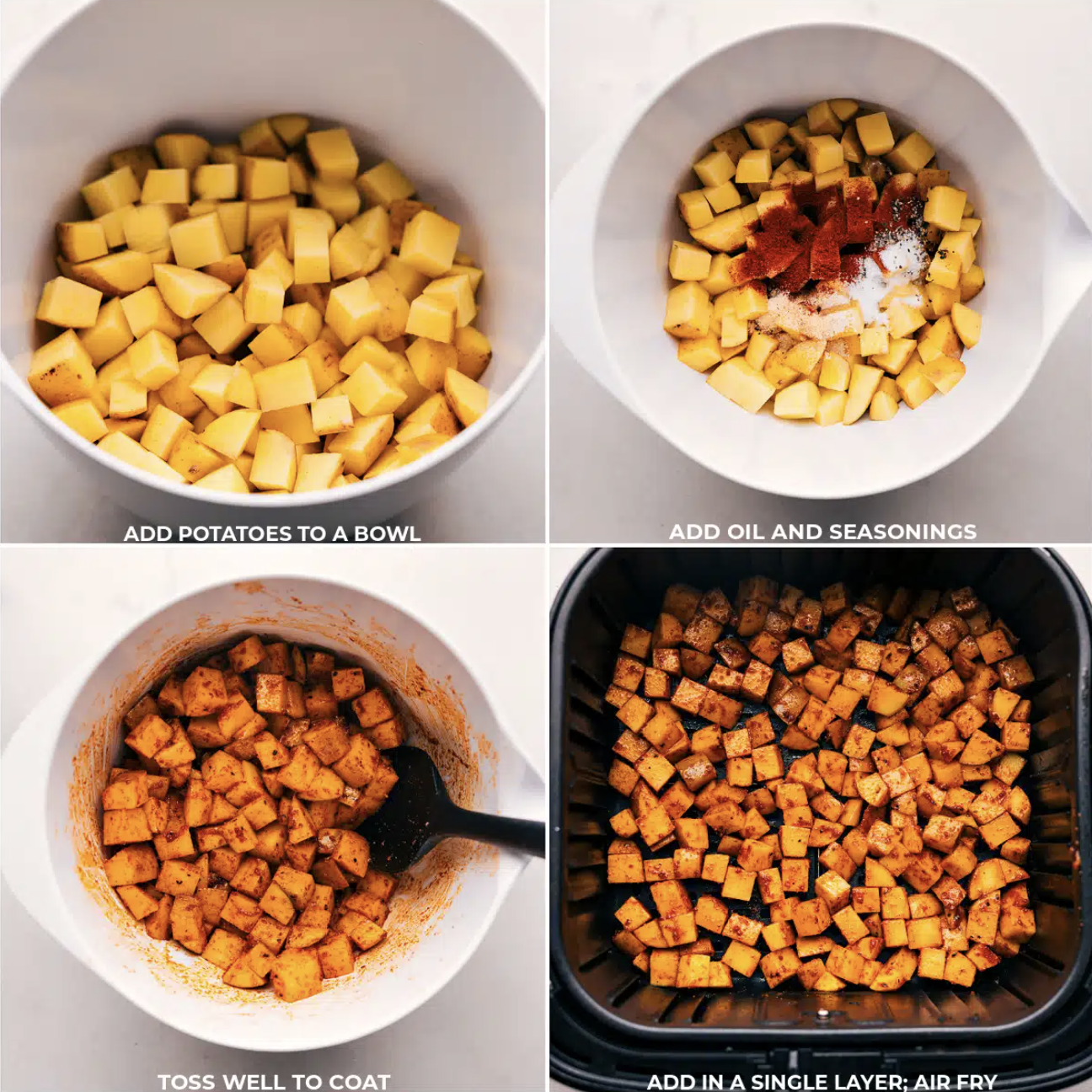 Four-step image showing cubed potatoes in a bowl, adding seasoning, tossing, and spread in an air fryer