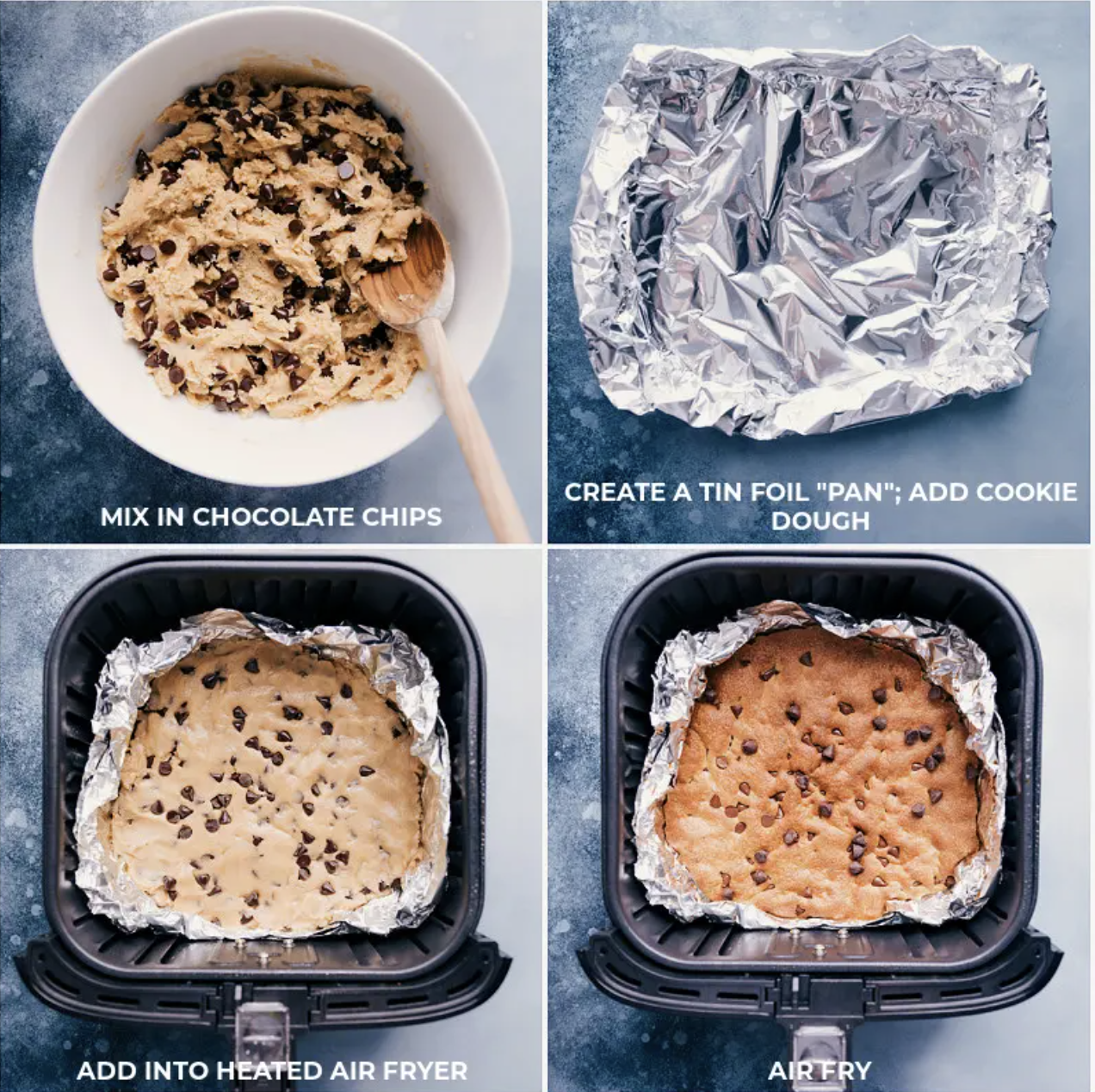 Step-by-step images showing how to make air fryer cookies, including mixing dough, creating a foil pan, and baking