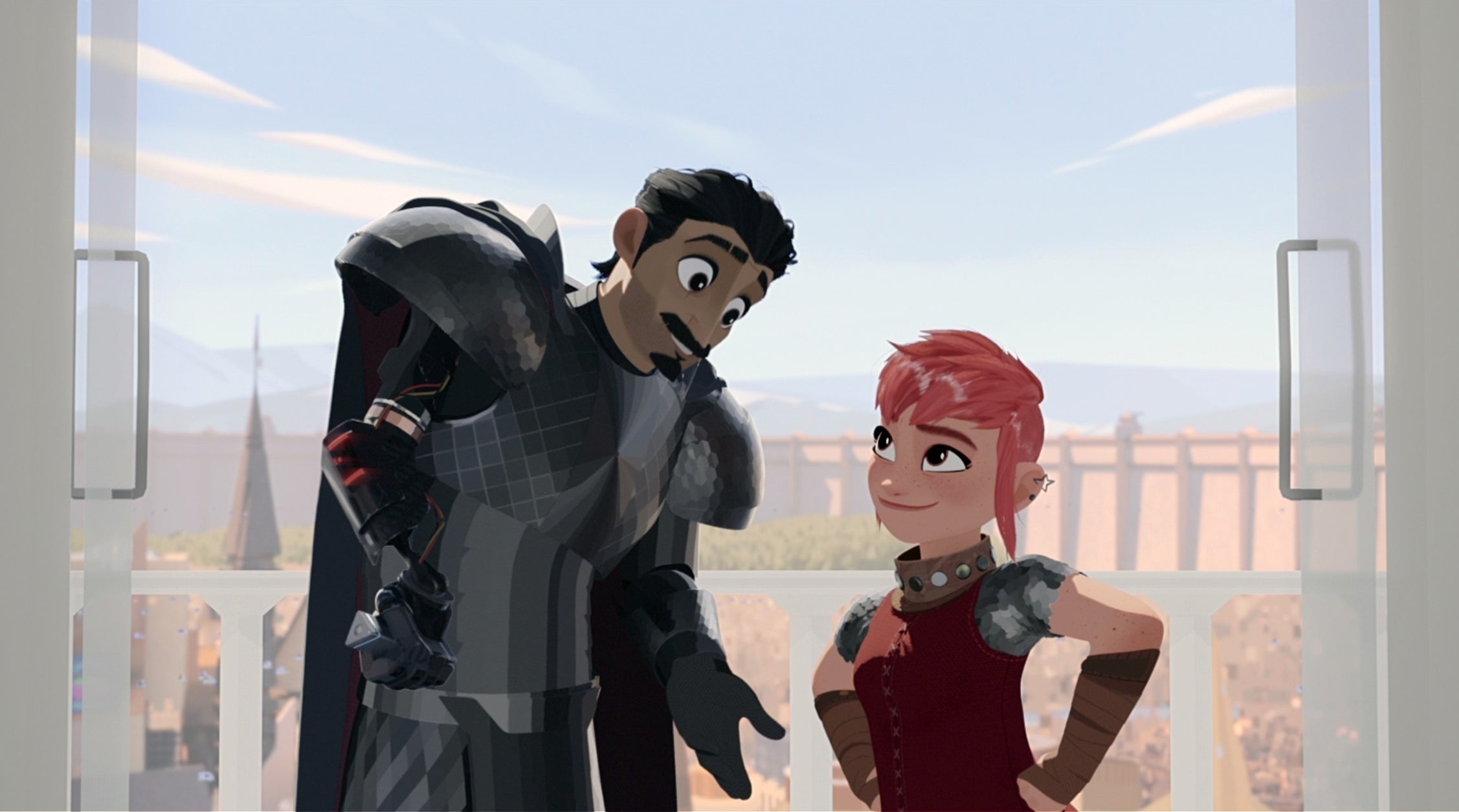 Two animated characters, one in armor and another in leather gear, smile inside a futuristic setting