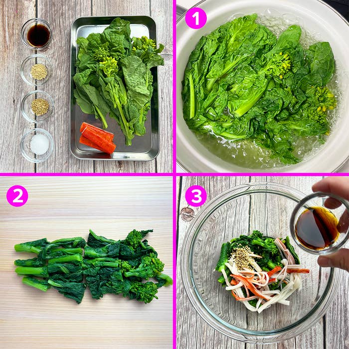 野菜と調味料を使った食事の調理工程を示す4枚の画像