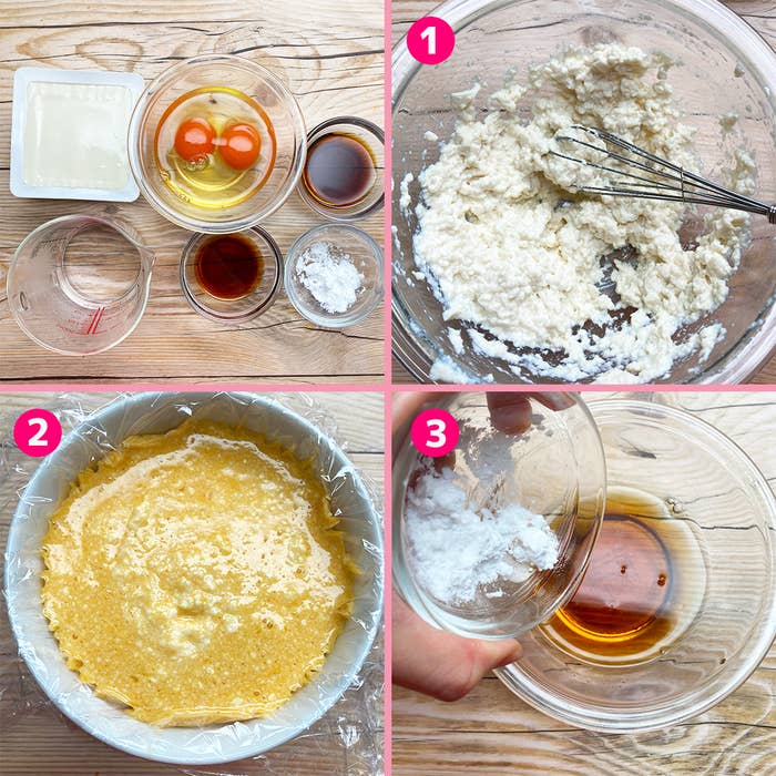 レシピを説明する4枚の写真。#1は材料、#2は生地、#3は液体材料を混ぜる様子。