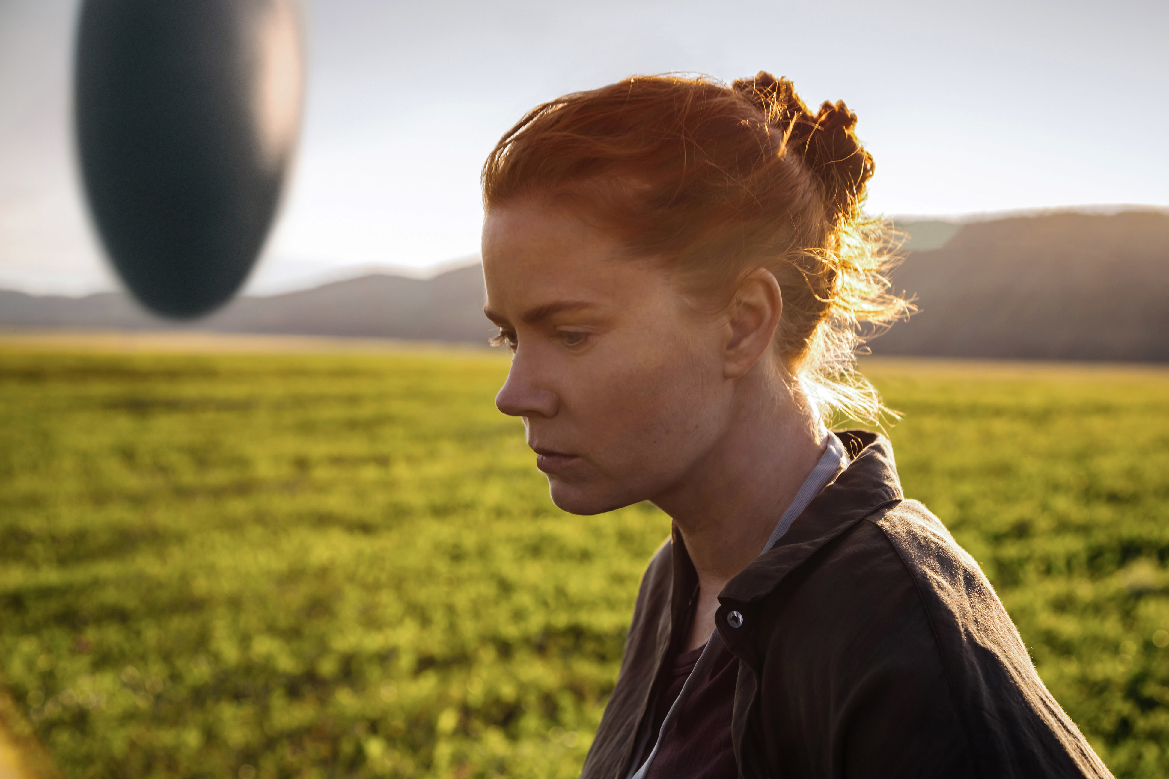Amy Adams gazes thoughtfully in a scene from &quot;Arrival,&quot; with an alien spacecraft hovering in the distance over a field