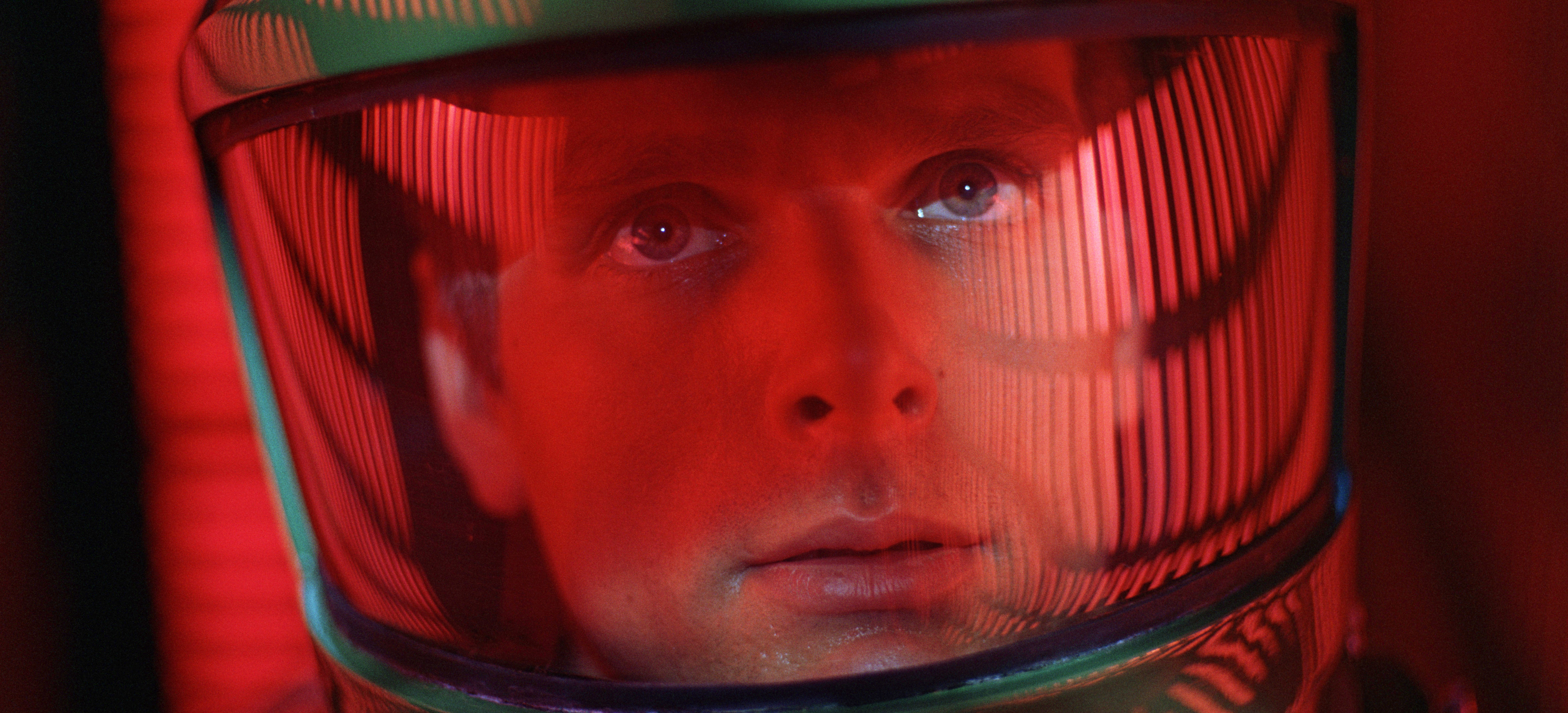 Man in a space helmet with a reflective visor, intense expression, from the film &quot;2001: A Space Odyssey&quot;