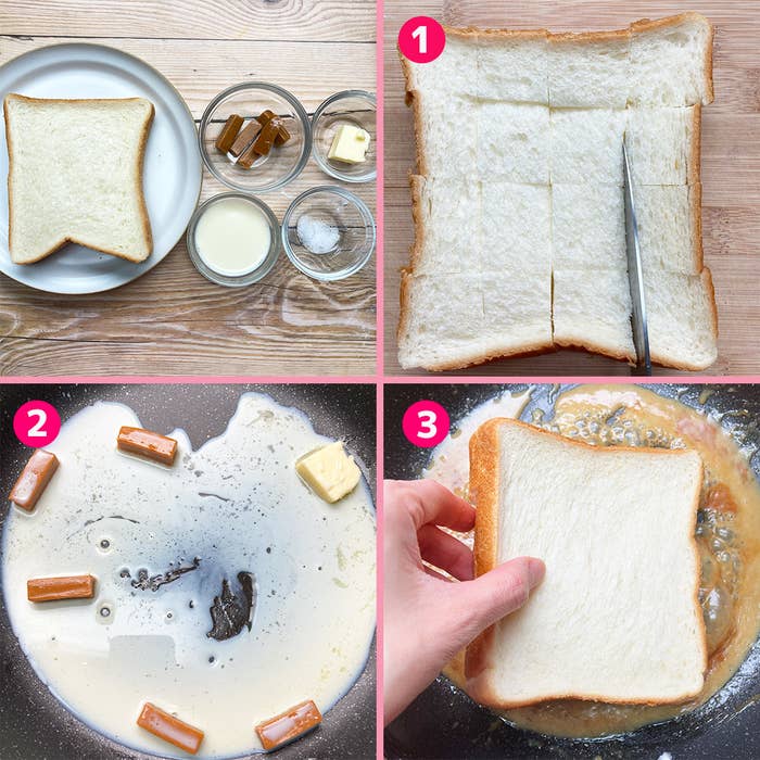パンにバター液を浸し、焼く前のトーストの作り方を示す画像。