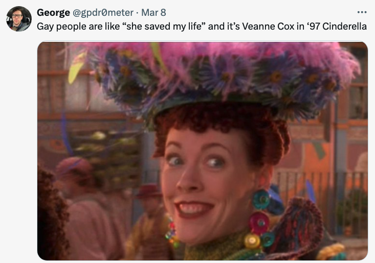 Veanne Cox as Calliope, smiling with a large feathered hat, in a scene from &#x27;97 Cinderella
