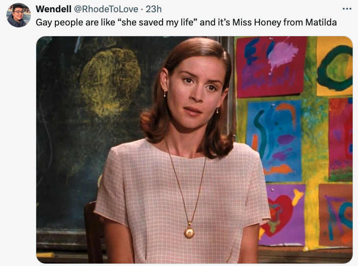 Miss Honey from Matilda in a classroom setting with a text overlay expressing admiration