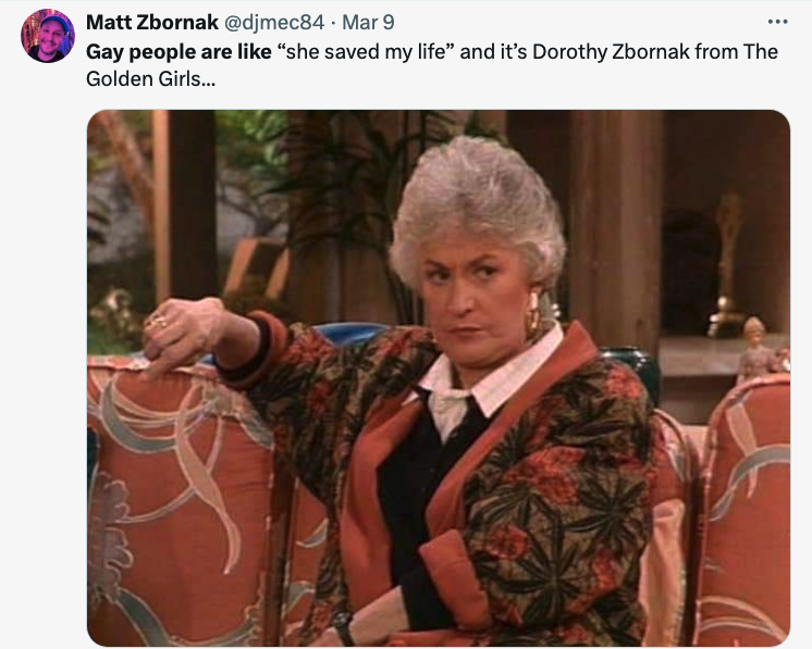 Dorothy Zbornak from The Golden Girls seated, looking skeptical, with a tweet overlay discussing her impact on gay people