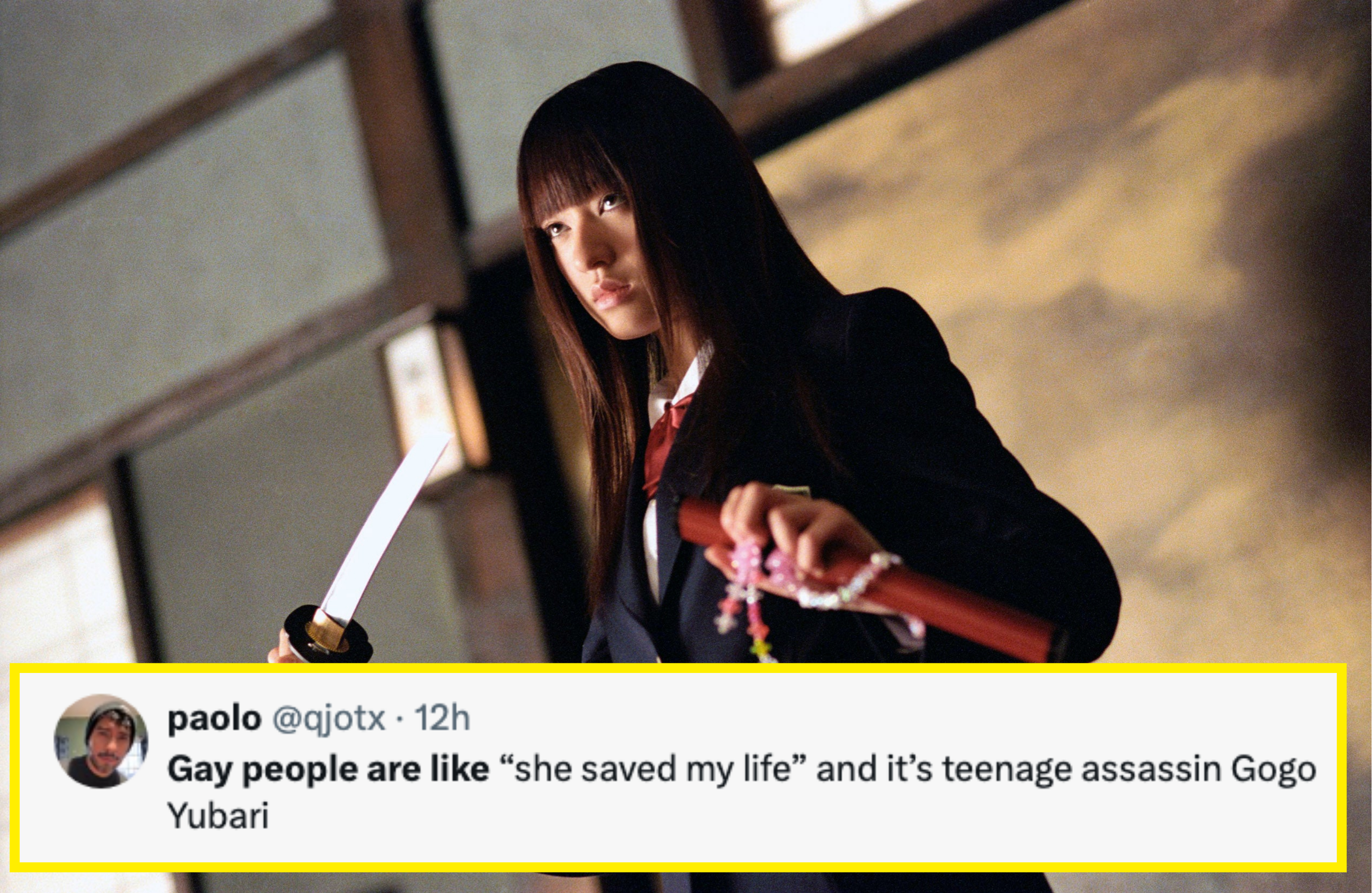 Chiaki Kuriyama as Gogo Yubari in &quot;Kill Bill,&quot; wielding a sword, in school uniform