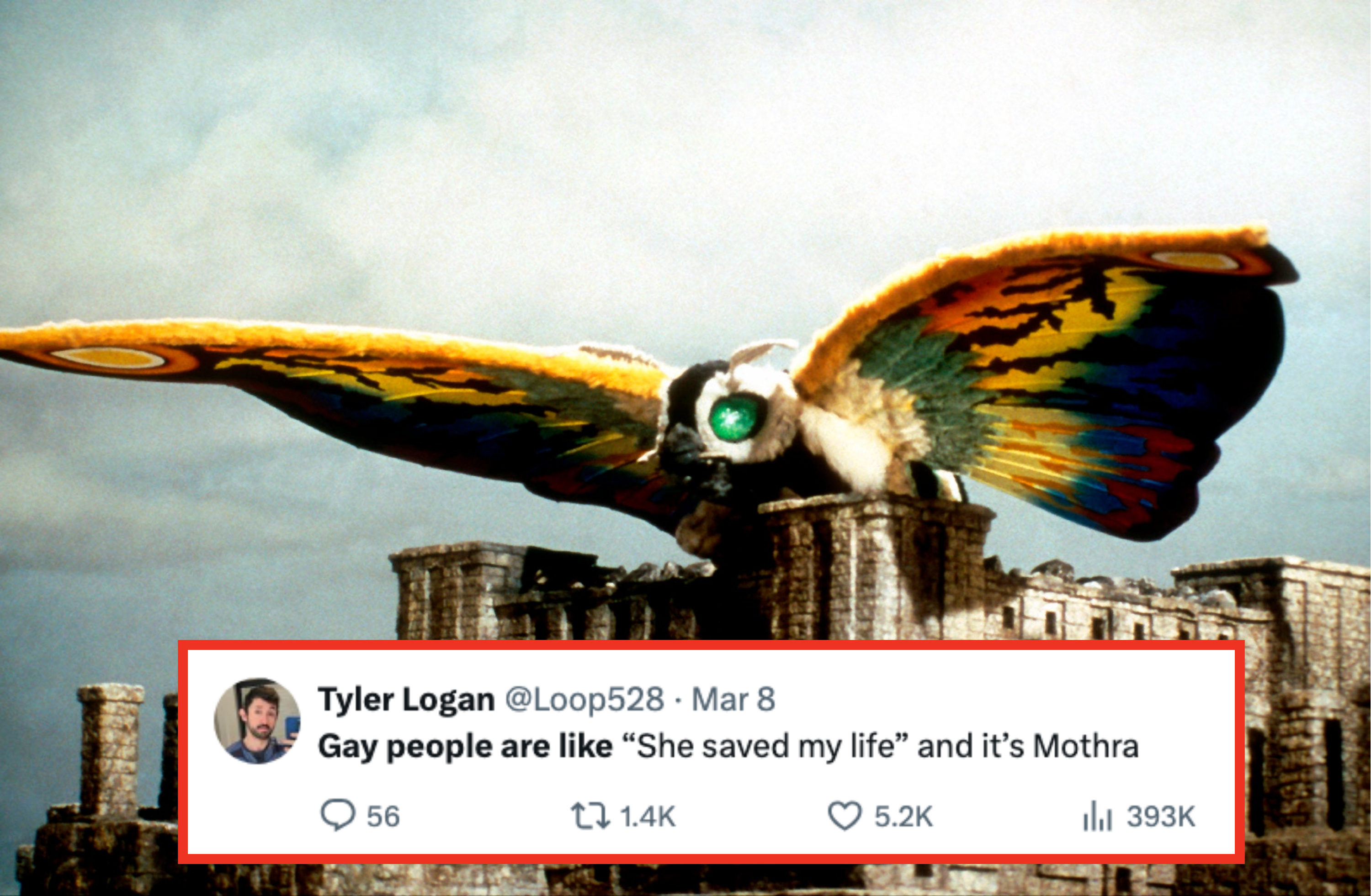 A CGI owl with rainbow-colored wings perched on ancient ruins