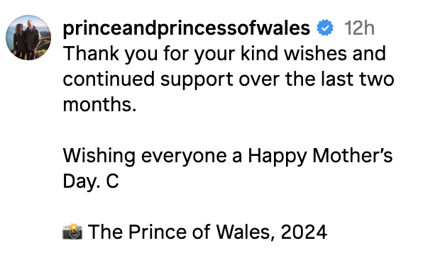 Post by the Prince of Wales expressing gratitude for support and wishing a Happy Mother&#x27;s Day