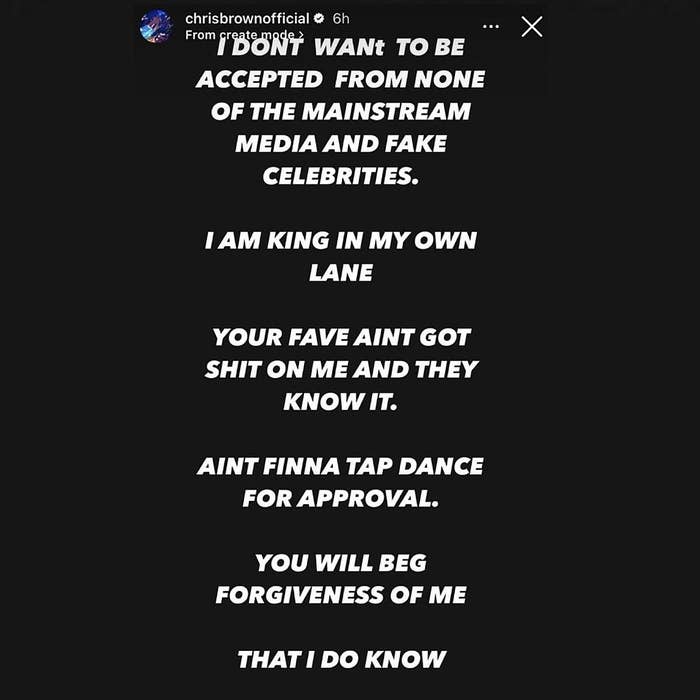 Text from Chris Brown&#x27;s social media: Expresses desire for genuine recognition and shuns superficial fame; alludes to future success that will demand acknowledgment