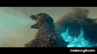 Godzilla exhales blue atomic breath