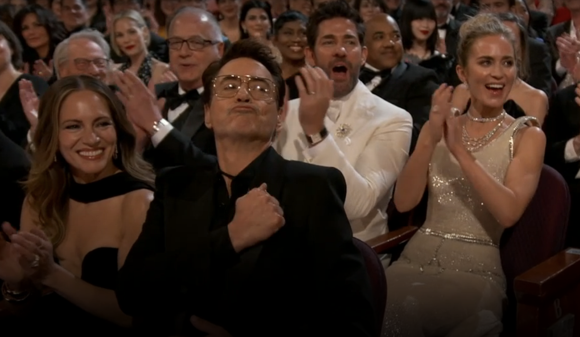 Closeup of Robert Downey Jr. in the audience at the Oscars
