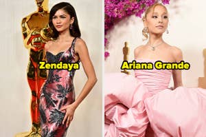 Zendaya y Ariana Grande posan con trajes elegantes en un evento glamuroso