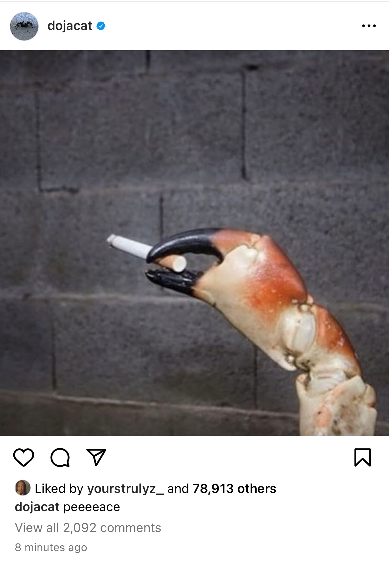 A crab claw holds a cigarette against a wall; posted on dojacat&#x27;s social media